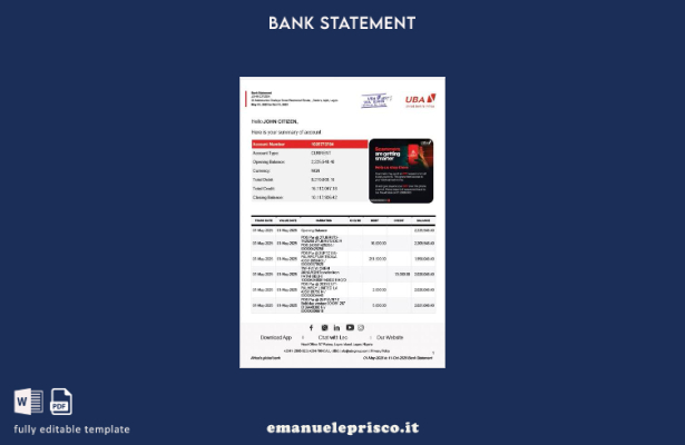 modello verbale di estratto conto bancario della Nigeria United Bank for Africa 